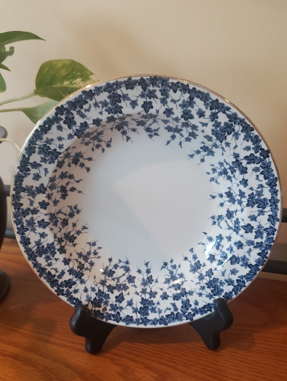 Vintage Blue English Ivy Dinner/Serving Bowl With Gold Trim - 10" Diameter